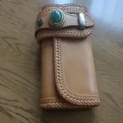 GODANEレザー編み込み長財布 ターコイズ装飾