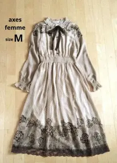 axes femme　レース柄プリントワンピース　M　花柄　長袖　ブラウン