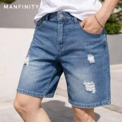 デニムハーフパンツ ダメージ加工 メンズS カジュアル 夏コーデ 美脚