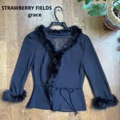 草莓田莊園毛絨裝飾薄紗上衣黑色七分袖儀式感