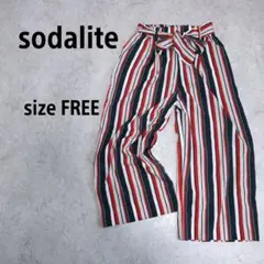 【ソーダライト】美品　ベルト付き　ワイドパンツ　Ｆ　ストライプ柄　総柄　薄手　春