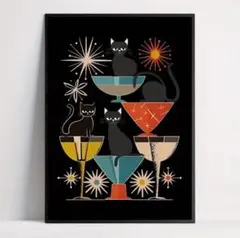 ネコ　アートポスター　カフェ　バー　黒猫　酒　ミッドセンチュリー　北欧　猫　A3