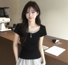 amood 韓国 ドリーミングラウンド 配色 半袖 ブラック