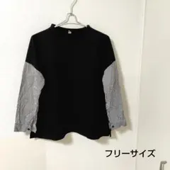 異素材ストライプ袖長袖トップス レイヤード風 フリーサイズ 黒