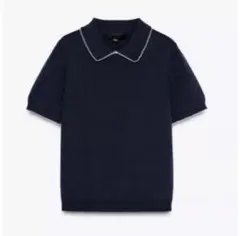ZARA 襟付き 半袖 ニット プルオーバー ネイビー Lサイズ