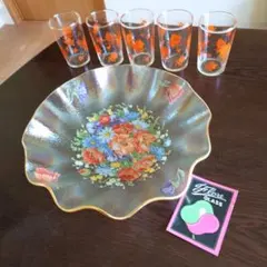 【美品】昭和レトロ　フローラガラス　花柄フルーツ皿　佐々木硝子　グラス5客