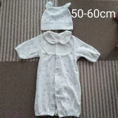 襟付きツーウェイオール　ドレスオール　くま耳帽子　 50-60cm　雪柄　ベロア