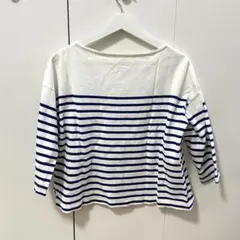 無印良品　ホワイト/ネイビー ストライプ 五分袖 Tシャツ XS-S