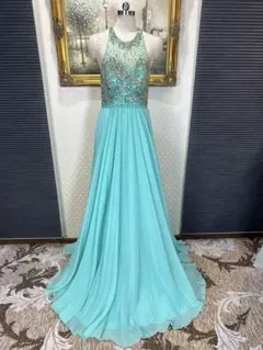 ミントグリーン ビーズ装飾 ロングドレス