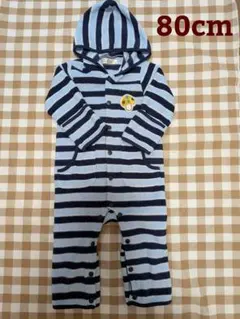 カバーオール　あったか素材　水色　紺　ボーダー柄　80cm