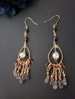 ハンドメイド フリンジピアス 天然石ピアス