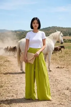 イエローグリーン ワイドパンツ イージーパンツ
