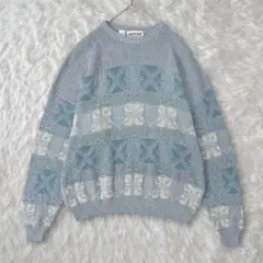 長袖ニット　セーター　総柄　ライトブルー系　リブ　イタリヤ製　ラウンドネック