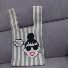 エマちゃん、未使用美品 ストライプ柄 ニットトートバッグ
