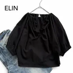 ELIN ショート丈 コットンギャザー ハーフスリーブ プルオーバー 黒 Mのサムネイル