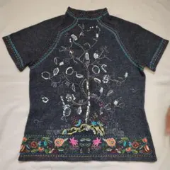 Tricoti Tricot 刺繍 ダークグレー 半袖 ニット レディース