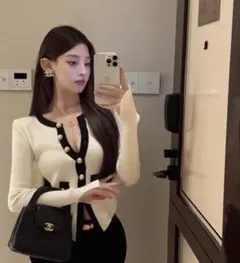 GRL バイカラーショート丈ニットカーディガン ホワイト