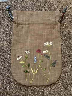 未使用　お花刺繍　上品和風巾着ポーチ