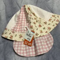ベビーキッズ女の子日よけ付きピンクチェック花柄 帽子（52cm）のサムネイル