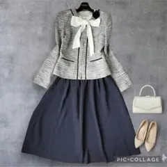 新品有　UR他 セレモニーママスーツ　2点M ツイード×フレア 卒業式 入学式