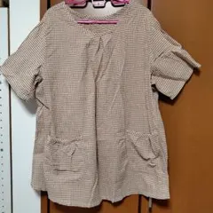 5L 茶色系チェック 半袖トップス　大きいサイズのサムネイル