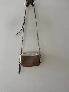 COACH コーチ ショルダーバッグ　カメラバッグ シグネチャー 茶x白　レザー