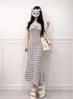GRL ギンガムチェック柄ホルターネックキャミソールニットワンピース
