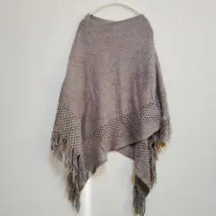 グレー 透かし編み ポンチョ フリンジ付き