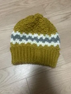 ニット帽 マスタード グレー ストライプ