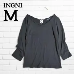 イング スカラップ襟 リブニットカットソー 七分袖 編み上げバックりぼん M 黒