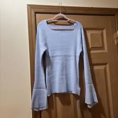 GRLスクエアネックフレアスリーブリブニットトップス ライトブルー色