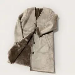 Ray BEAMS ノーカラー　ロングコート　ムートン　裏ボア　 グレージュ