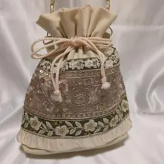 インド刺繍　巾着バッグ　サコッシュ