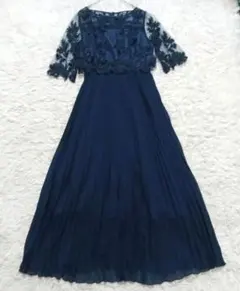 ASAKURA シアーレース 刺繍×プリーツ ロングワンピース ネイビー