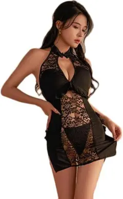 セクシー ランジェリー チャイナドレス (黒「花刺繍」, Free)