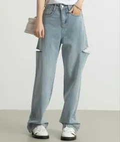 カッティング　ストレート　ハイライズジーンズ　デニム　M　パンツ　ブルーのサムネイル