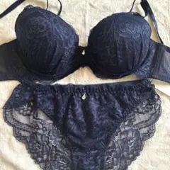 C80／L かわいいブラジャーと総レースのショーツ ネイビー系 セット