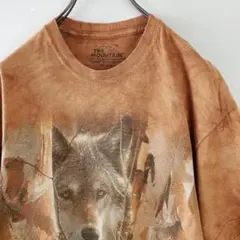 ザマウンテン木の間から覗くキツネプリントTシャツタイダイ染めオレンジ系US-M