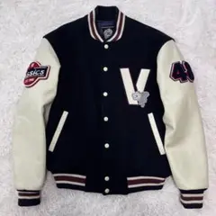 希少/LLサイズ✨VAN JACKET スタジャン　袖レザー　ワッペン　ブラック 希少/LLサイズ✨VAN JACKET スタジャン 袖レザー ワッペン