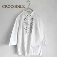 CROCODILE】チュニック　ブラウス　刺繍　花柄　襟付き　綿　麻　クロップド