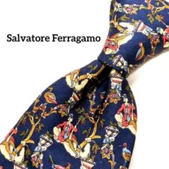 フェラガモ ネクタイ 総柄 シルク ネイビー イタリア製