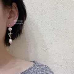 【14kgf】 ♡ ྀི リボン×天然淡水真珠ゆらゆらピアス・イヤリング交換可