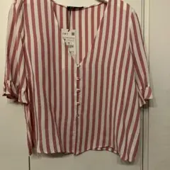 ZARA 半袖フリル付きストライプ シャツ (レッド)M 新品