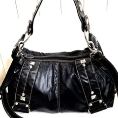 Y2K スタッズ付ナイロン×レザー 2way ブラック　ショルダーバッグ