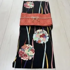 【新品】レディース浴衣のみ 単品 黒地 雪輪 花柄 綿100% しつけ糸付