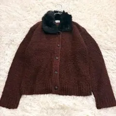 y7812 idana ファー付きニットアウター ブラウン L 羽織り 高級感