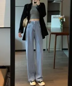 ダブルボタン パッチデザイン ハイウエスト ワイドストレートデニム