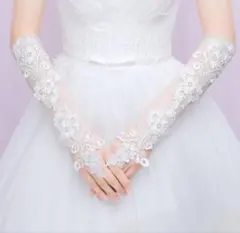 ウエディンググローブ　ミドル丈　レース　刺繍　ブライダル　手袋　花嫁　ホワイト
