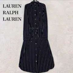 ローレンラルフローレン シャツワンピース 金ボタン リボン ストライプ 紺 XL
