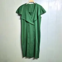 ノースリーブ ダブルブレスト ワンピース 緑 ケープ襟 膝丈ワンピ ヴィンテージ